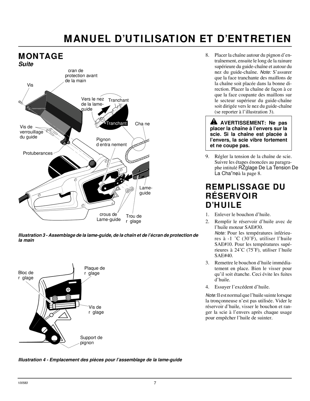 Remington LNT-3 12-inch, LNT-2 8-inch Remplissage DU Réservoir D’HUILE, ’envers, la scie vibre fortement et ne coupe pas 