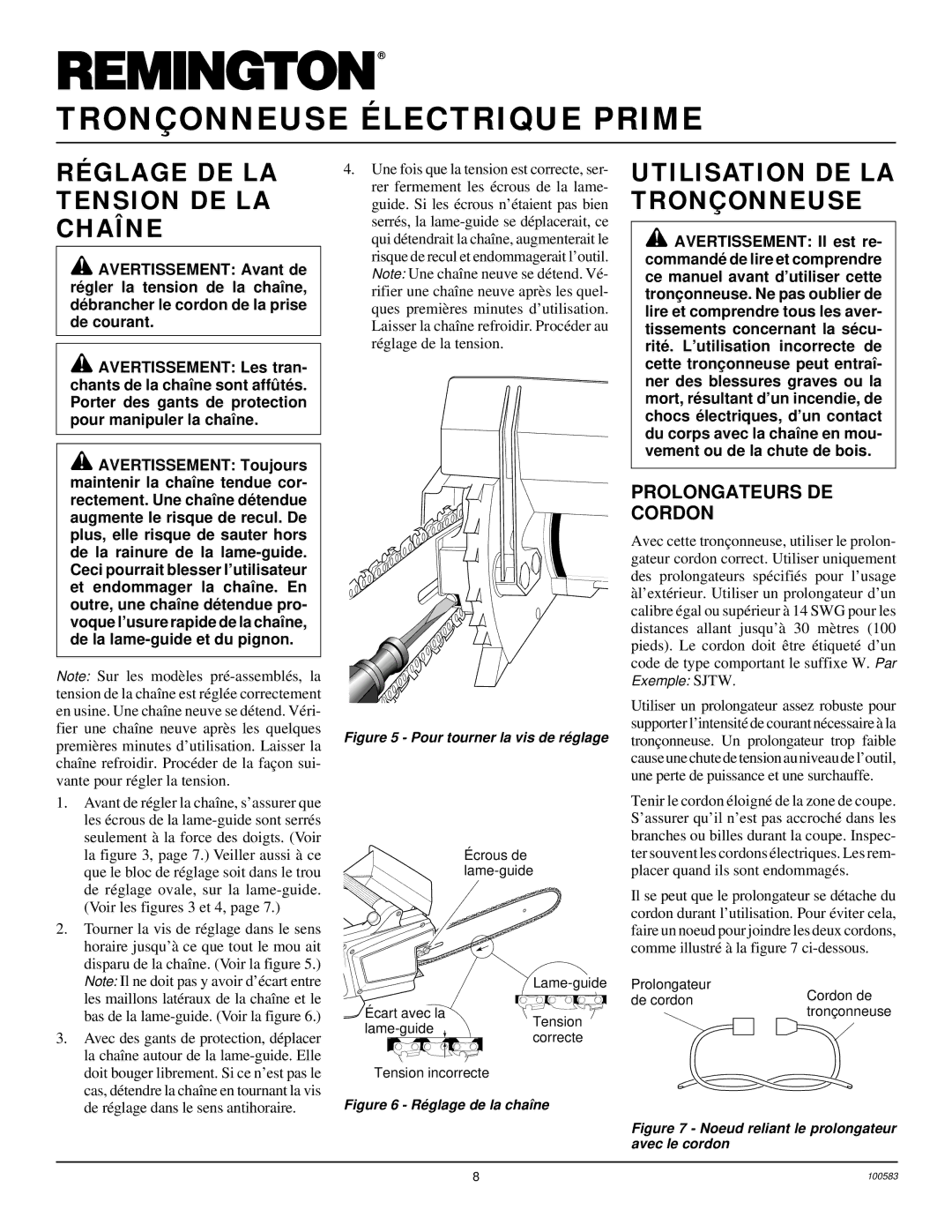 Remington EL-7 16-inch Réglage DE LA Tension DE LA Chaîne, Utilisation DE LA Tronçonneuse, Prolongateurs DE Cordon 