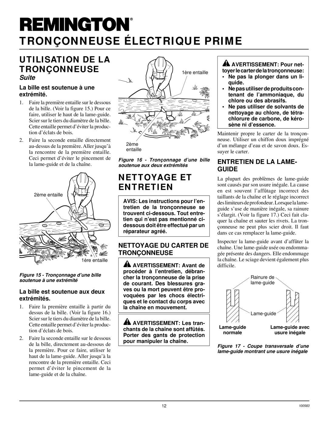 Remington LNT-3 12-inch Nettoyage ET Entretien, Entretien DE LA LAME- Guide, Nettoyage DU Carter DE Tronç Onneuse 