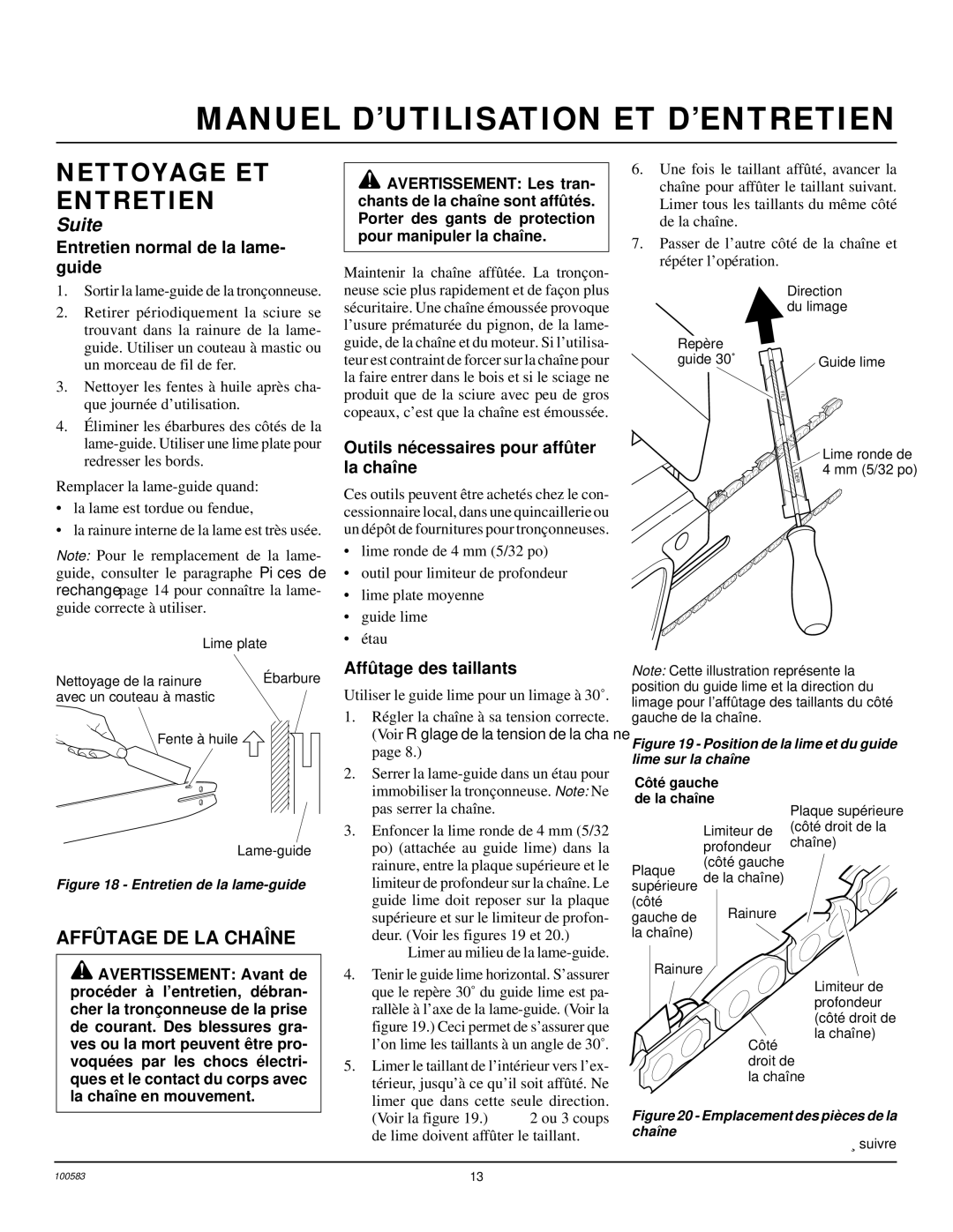 Remington EL-7 16-inch, LNT-2 8-inch Affû Tage DE LA Chaîne, Entretien normal de la lame- guide, Affû tage des taillants 