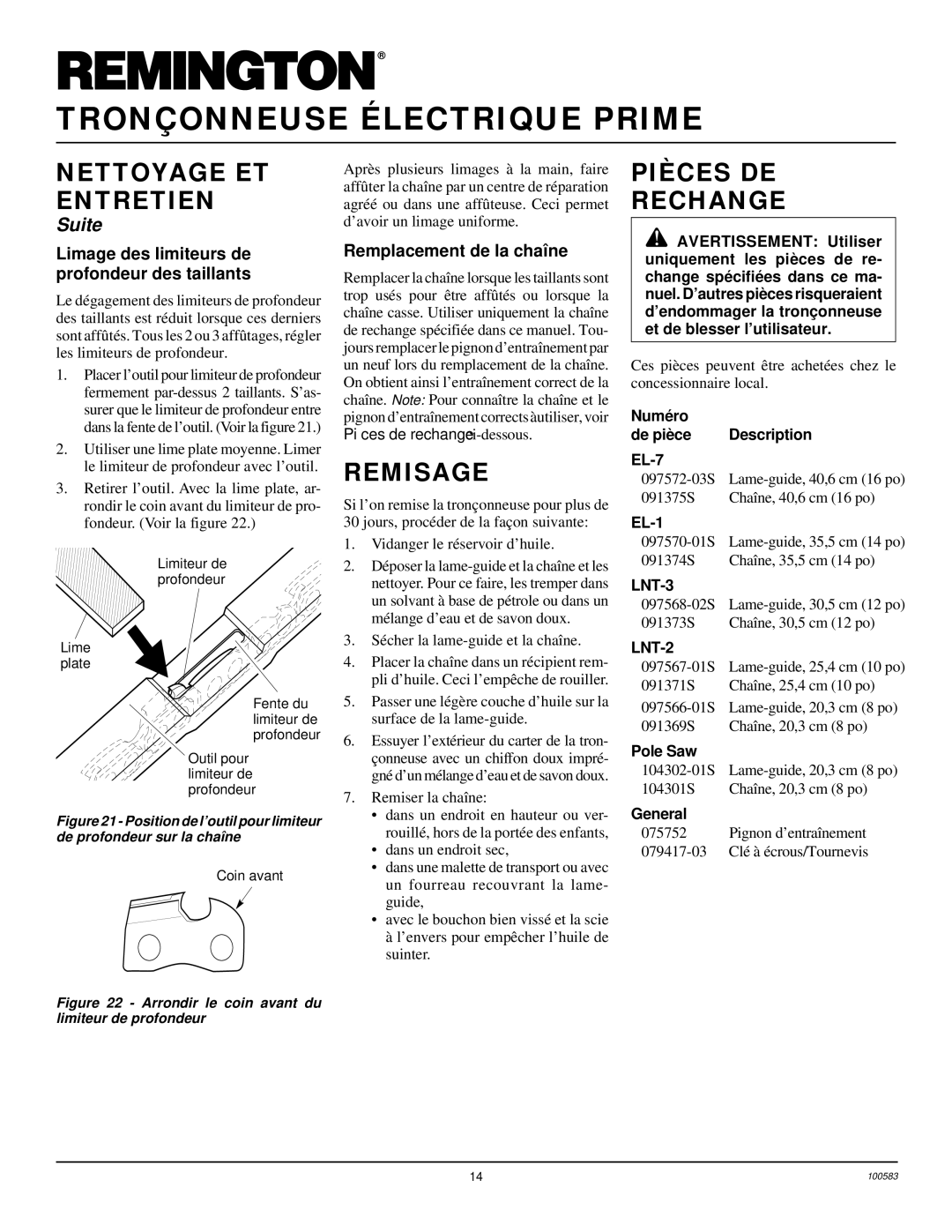 Remington LNT-2 8-inch, LNT-2 10-inch Remisage, Pièces DE Rechange, Limage des limiteurs de profondeur des taillants 