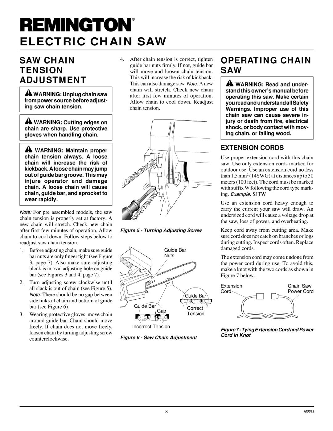 Remington LNT-3 12-inch, LNT-2 8-inch, LNT-2 10-inch SAW Chain Tension Adjustment, Operating Chain SAW, Extension Cords 