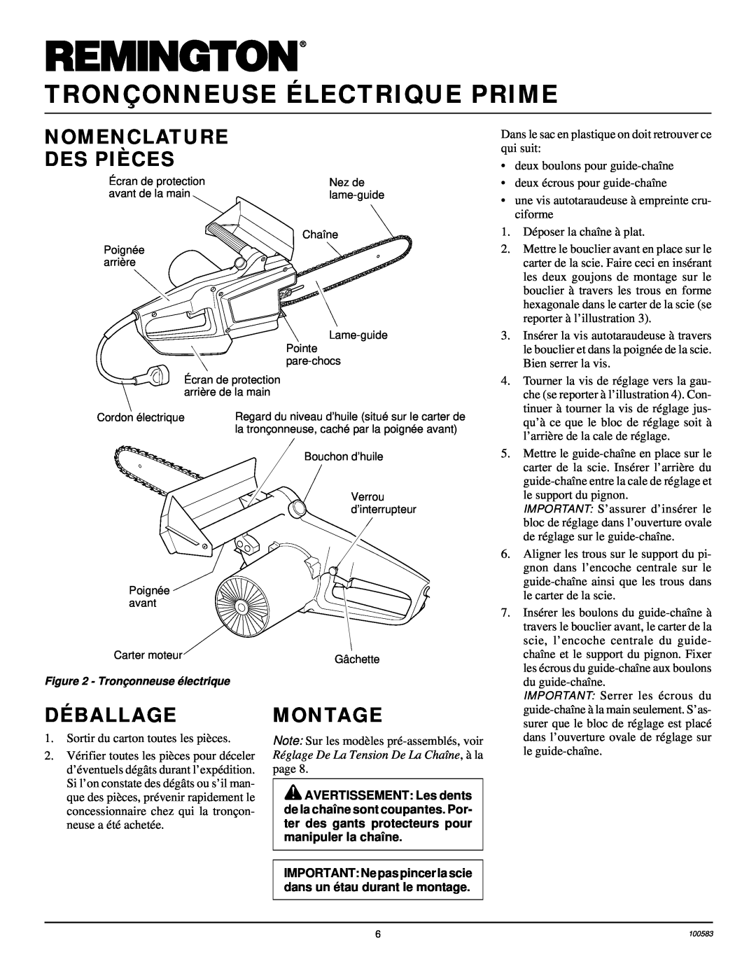 Remington EL-7 14-inch, LNT-2 8-inch owner manual Nomenclature Des Pièces, Déballage, Montage, Tronçonneuse Électrique Prime 