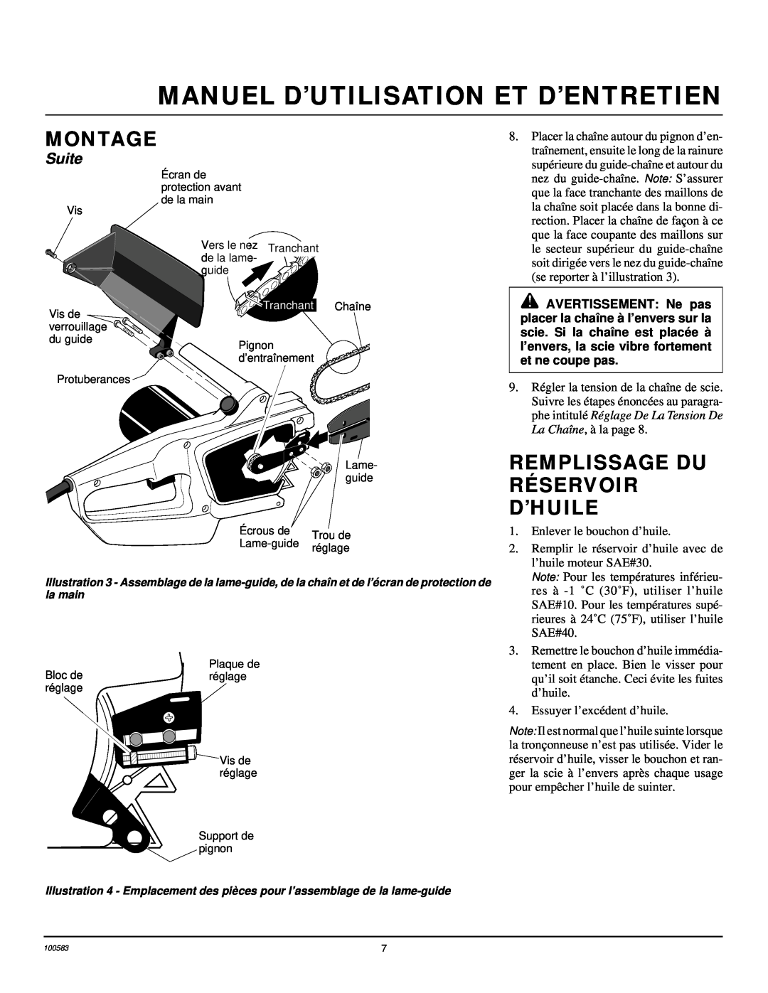 Remington LNT-3 12-inch owner manual Remplissage Du Réservoir D’Huile, Manuel D’Utilisation Et D’Entretien, Montage, Suite 