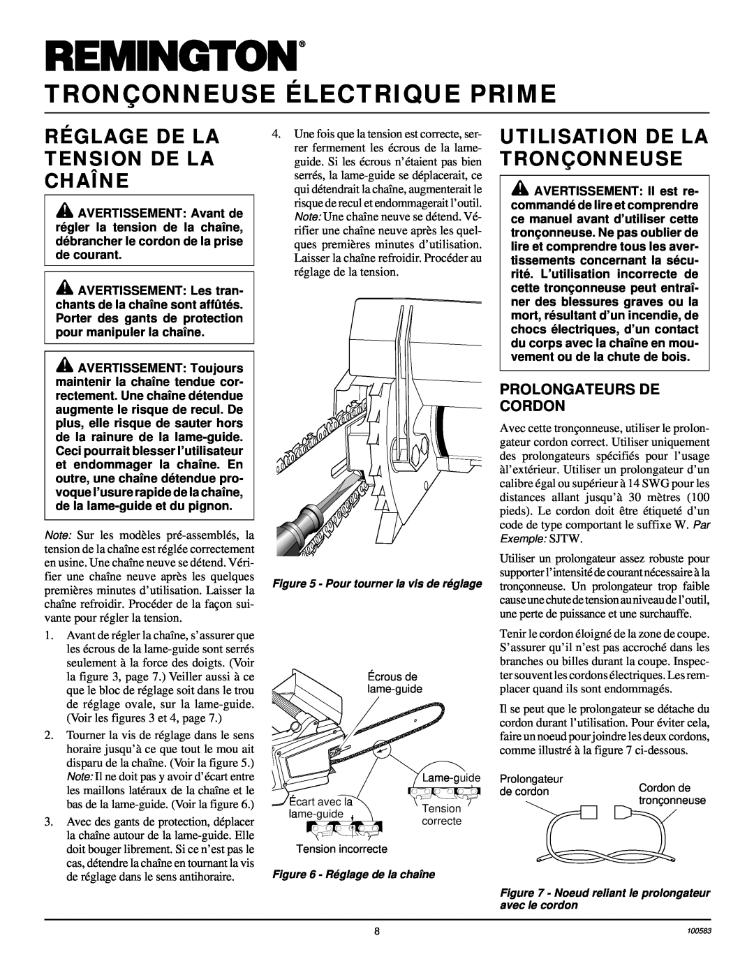 Remington EL-7 16-inch Réglage De La Tension De La Chaîne, Utilisation De La Tronçonneuse, Prolongateurs De Cordon 