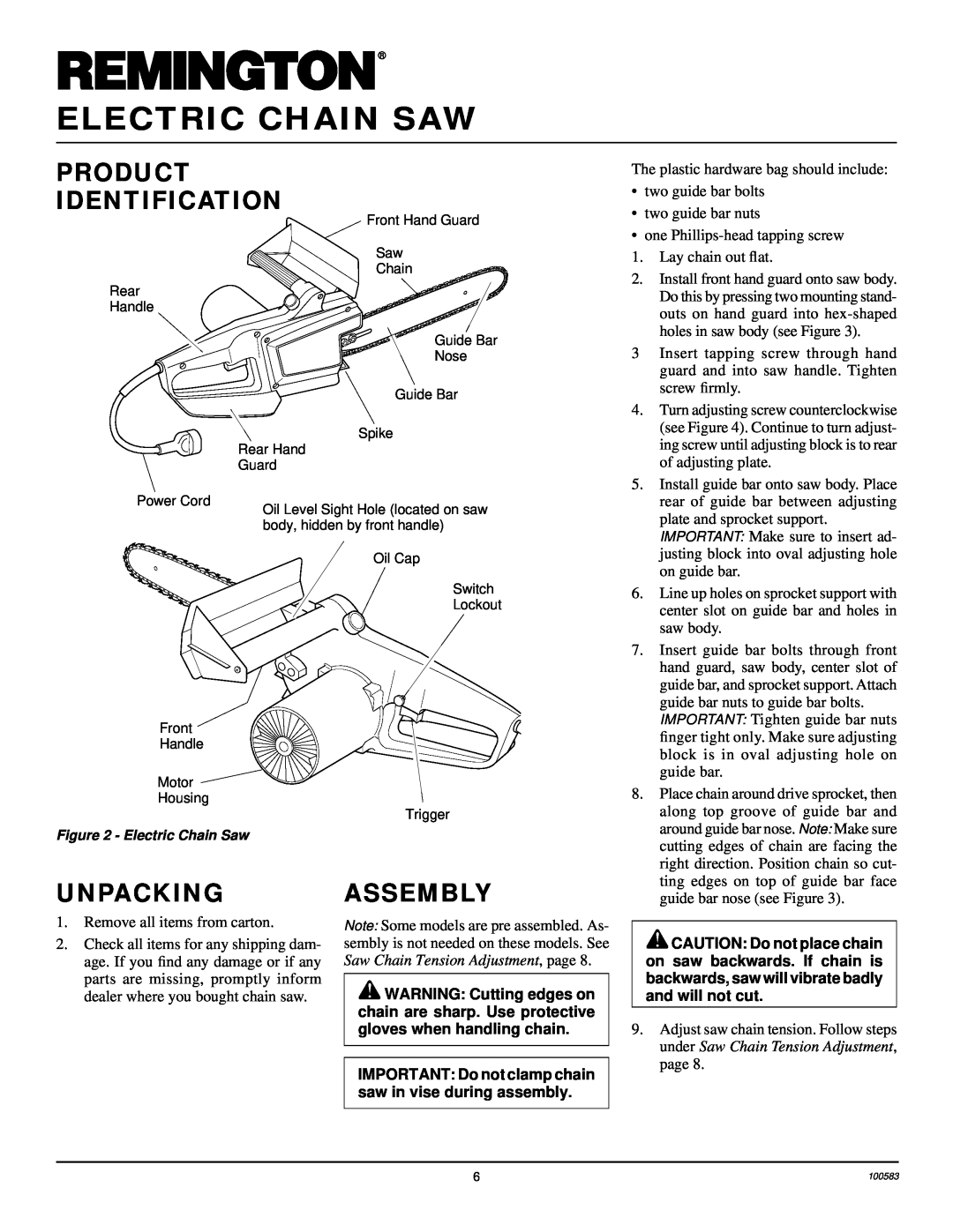 Remington LNT-2 10-inch, LNT-2 8-inch, EL-7 14-inch Product Identification, Unpacking, Assembly, Electric Chain Saw 