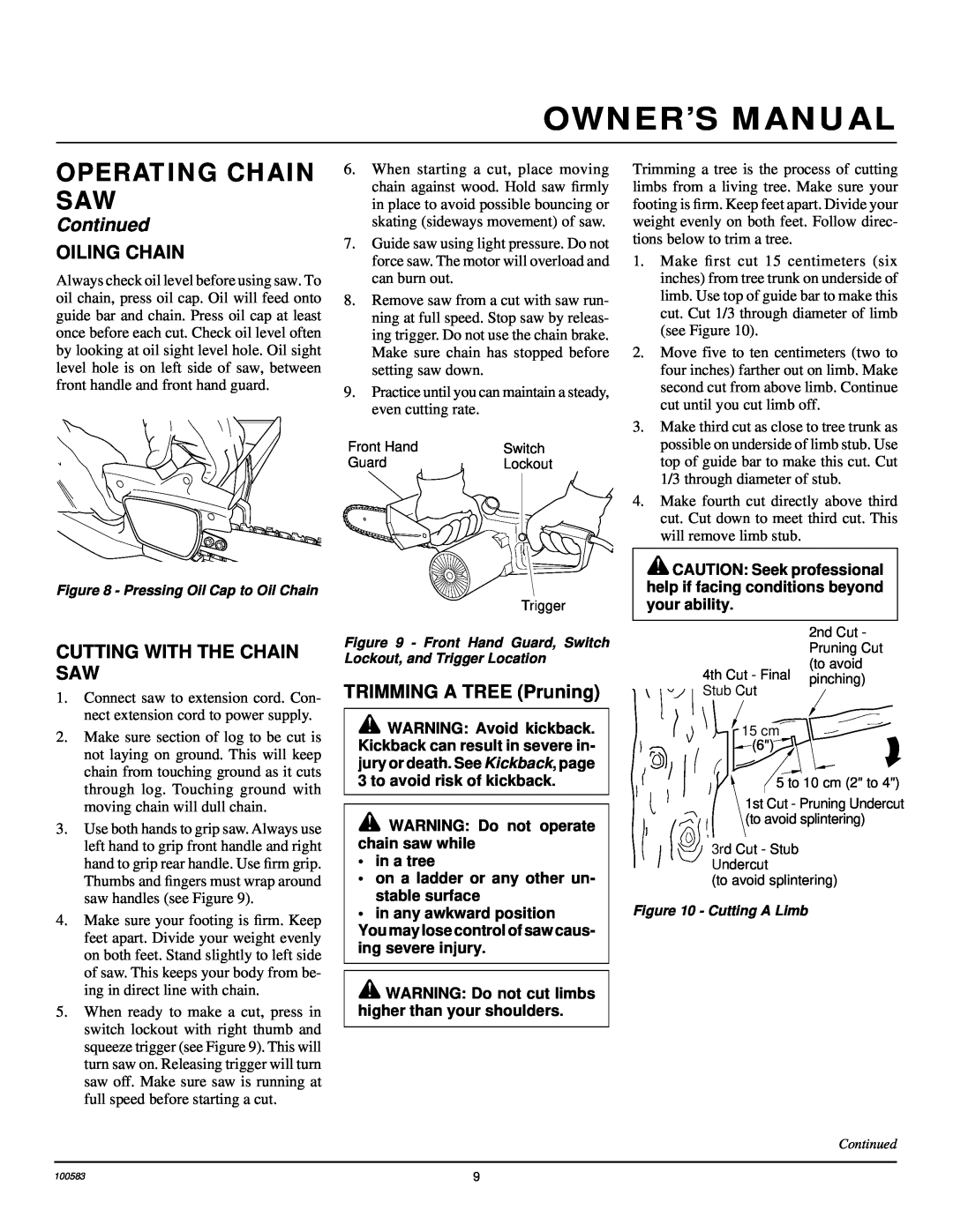 Remington EL-7 16-inch Oiling Chain, Cutting With The Chain Saw, TRIMMING A TREE Pruning, Operating Chain Saw, Continued 