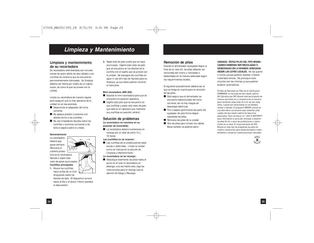 Remington MB-300, MB-200 manual Limpieza y Mantenimiento, Solución de problemas, Remoción de pilas 