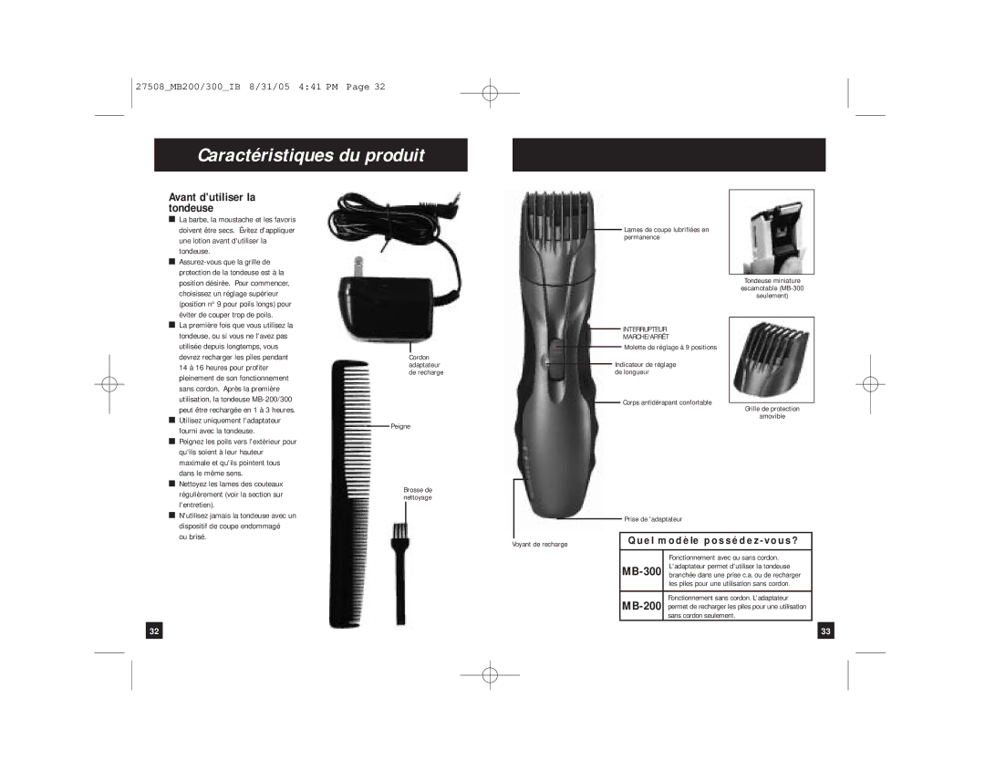 Remington MB-300, MB-200 manual Caractéristiques du produit, Avant dutiliser la tondeuse 