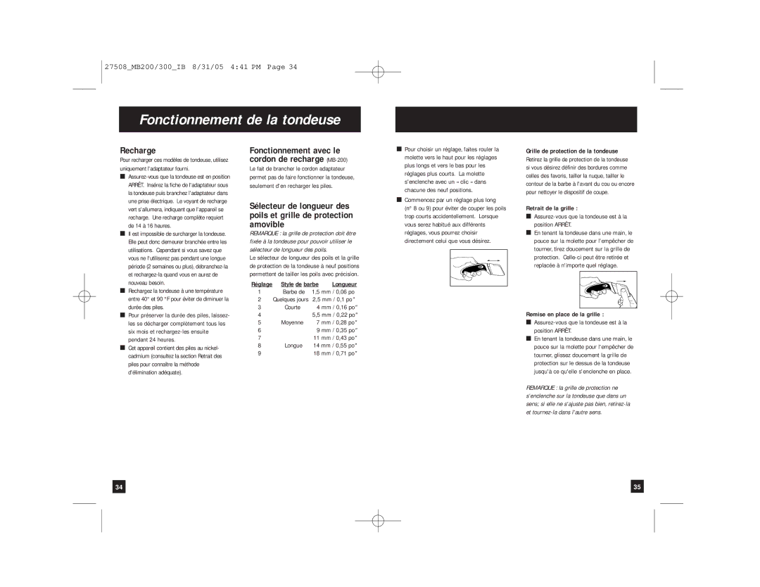 Remington MB-300 manual Fonctionnement de la tondeuse, Recharge, Fonctionnement avec le cordon de recharge MB-200 