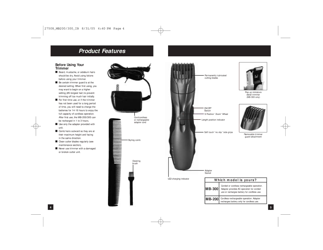 Remington MB-300, MB-200 manual Product Features, Before Using Your Trimmer, Use only the adapter provided with unit 