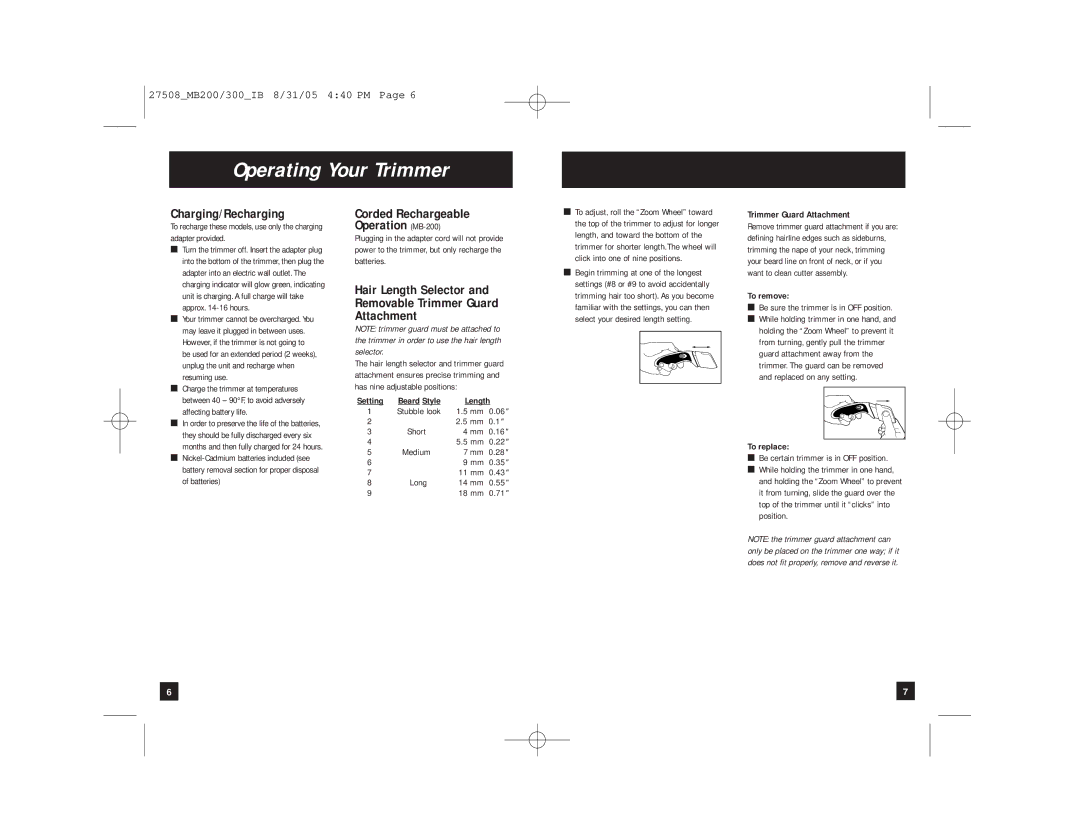 Remington MB-300 manual Operating Your Trimmer, Charging/Recharging, Corded Rechargeable Operation MB-200 