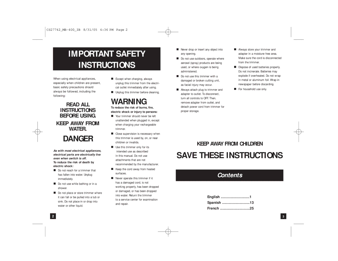 Remington MB-400 manual Important Safety Instructions, Contents 