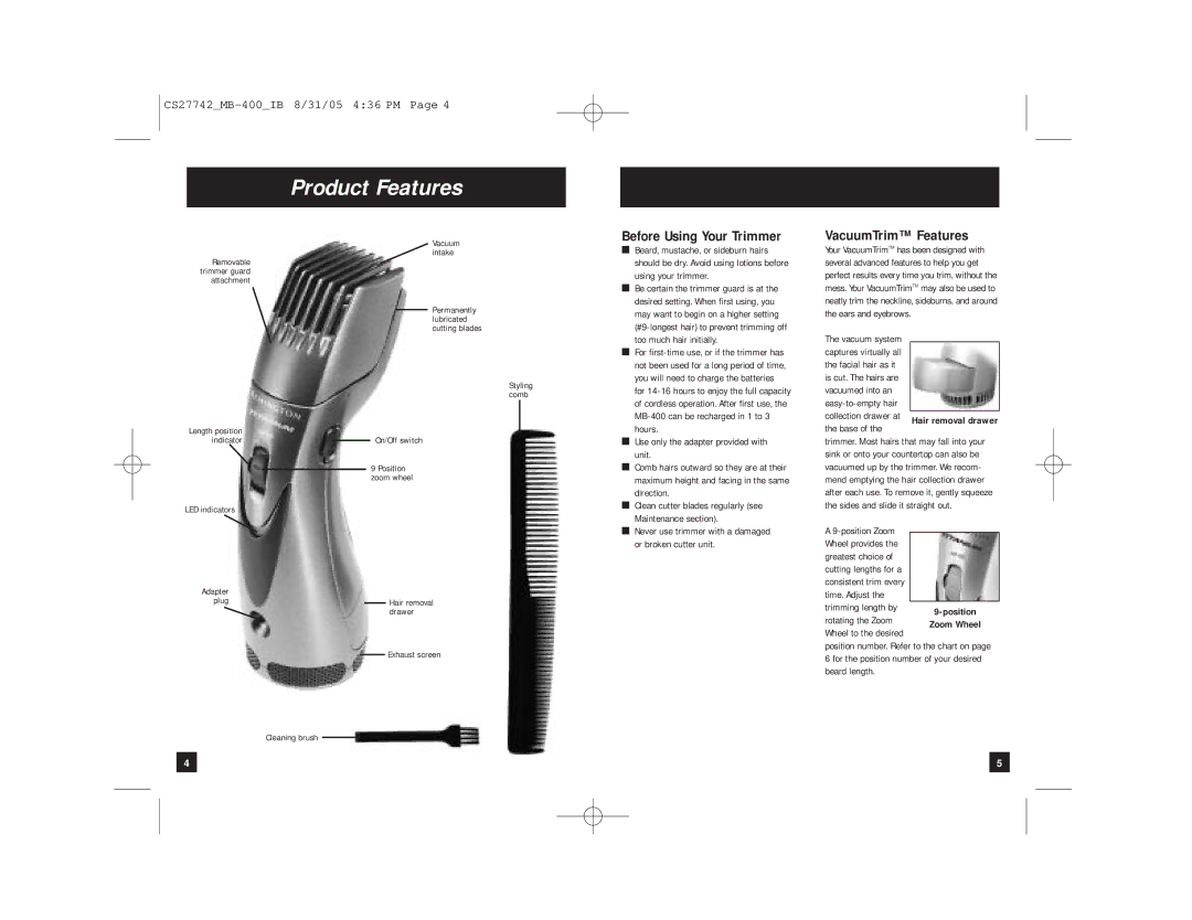 Remington MB-400 manual Product Features, Before Using Your Trimmer, VacuumTrim Features 