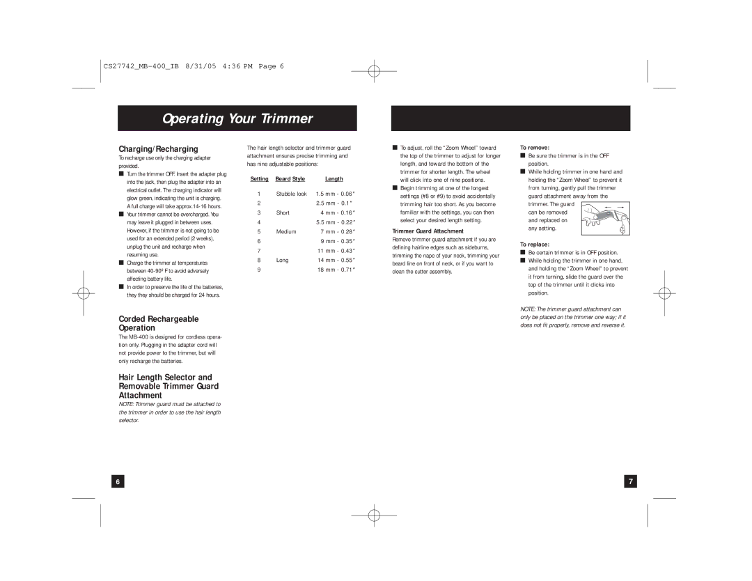 Remington MB-400 manual Operating Your Trimmer, Charging/Recharging, Corded Rechargeable Operation 