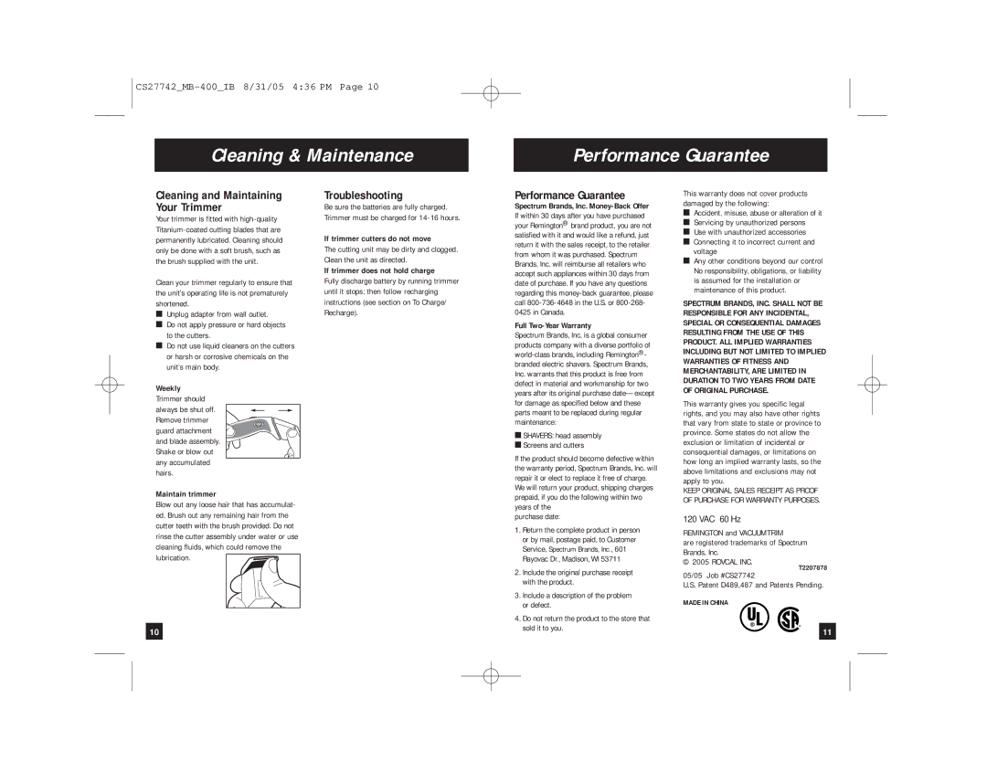 Remington MB-400 Cleaning & Maintenance Performance Guarantee, Troubleshooting, Cleaning and Maintaining Your Trimmer 