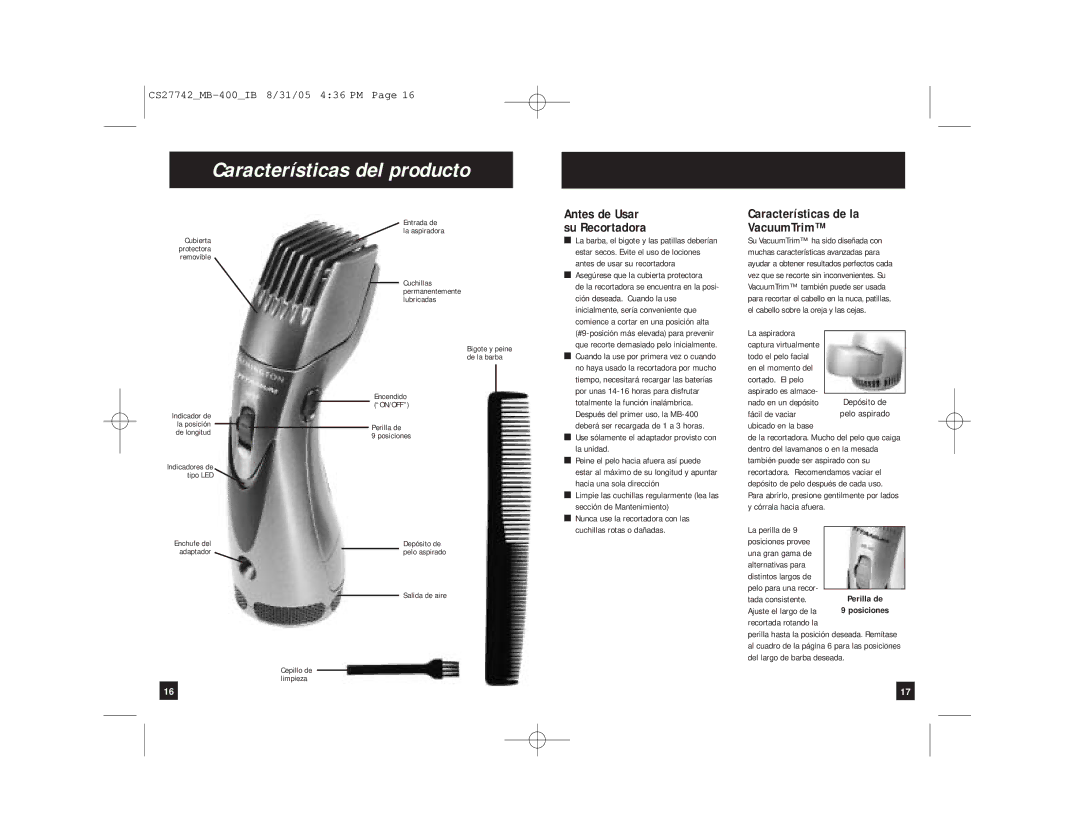 Remington MB-400 Características del producto, Características de la VacuumTrim, Asegúrese que la cubierta protectora 