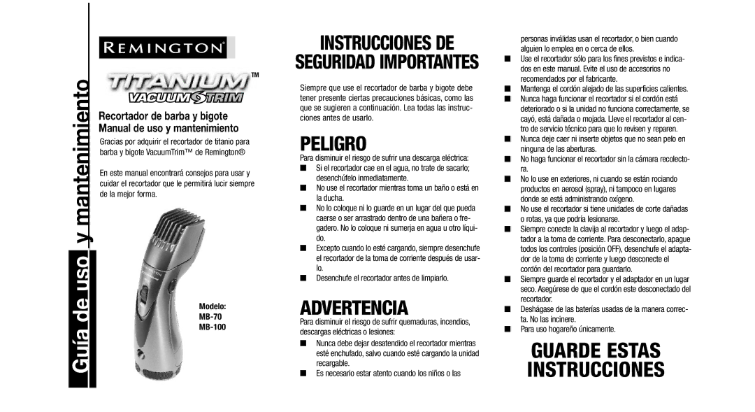 Remington MB-100, MB-70 important safety instructions Uso, Guía, Manual de uso y mantenimiento, Modelo 