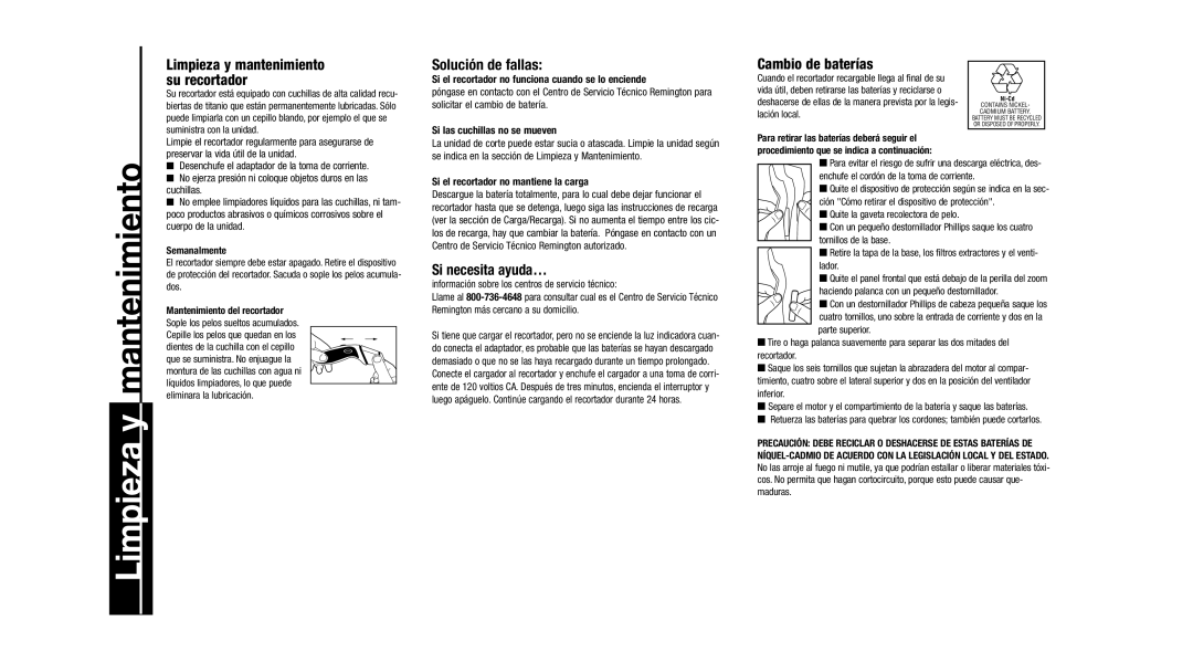 Remington MB-100, MB-70 Solución de fallas, Cambio de baterías, Si necesita ayuda…, Limpieza y mantenimiento su recortador 