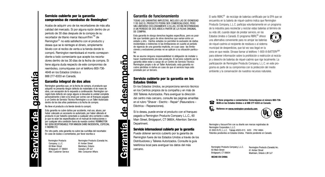 Remington MB-70, MB-100 important safety instructions Garantía de funcionamiento, Garantía integral de dos años 