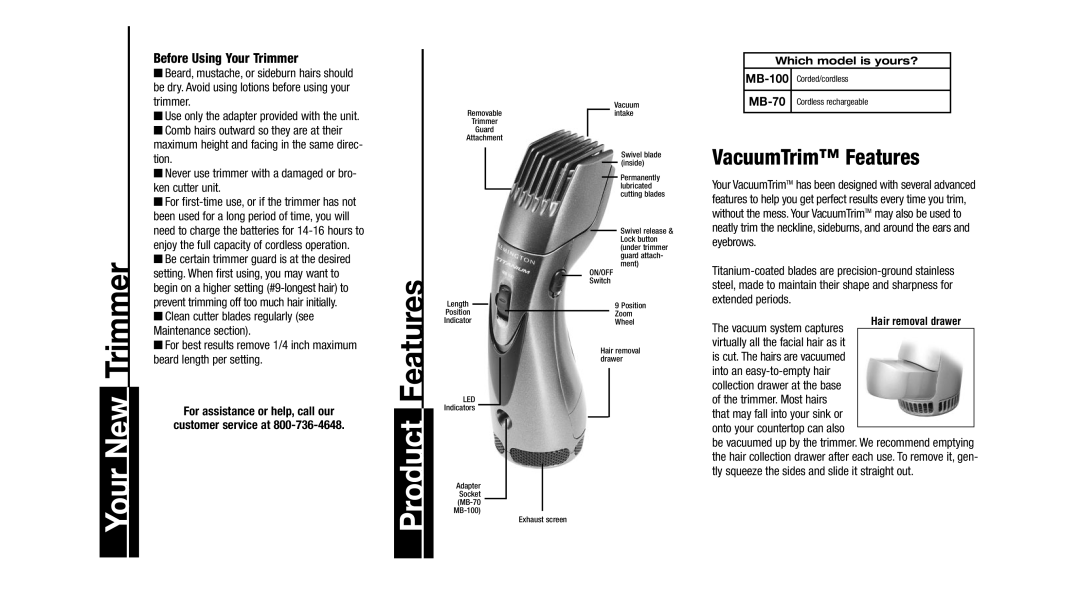 Remington MB-70 Your New Trimmer, Before Using Your Trimmer, For assistance or help, call our Customer service at, MB-100 