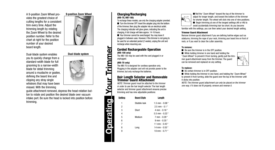 Remington MB-100, MB-70 important safety instructions Charging/Recharging, Corded Rechargeable Operation 