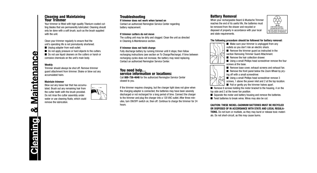 Remington MB-100, MB-70 Cleaning and Maintaining Your Trimmer, Troubleshooting, Battery Removal 