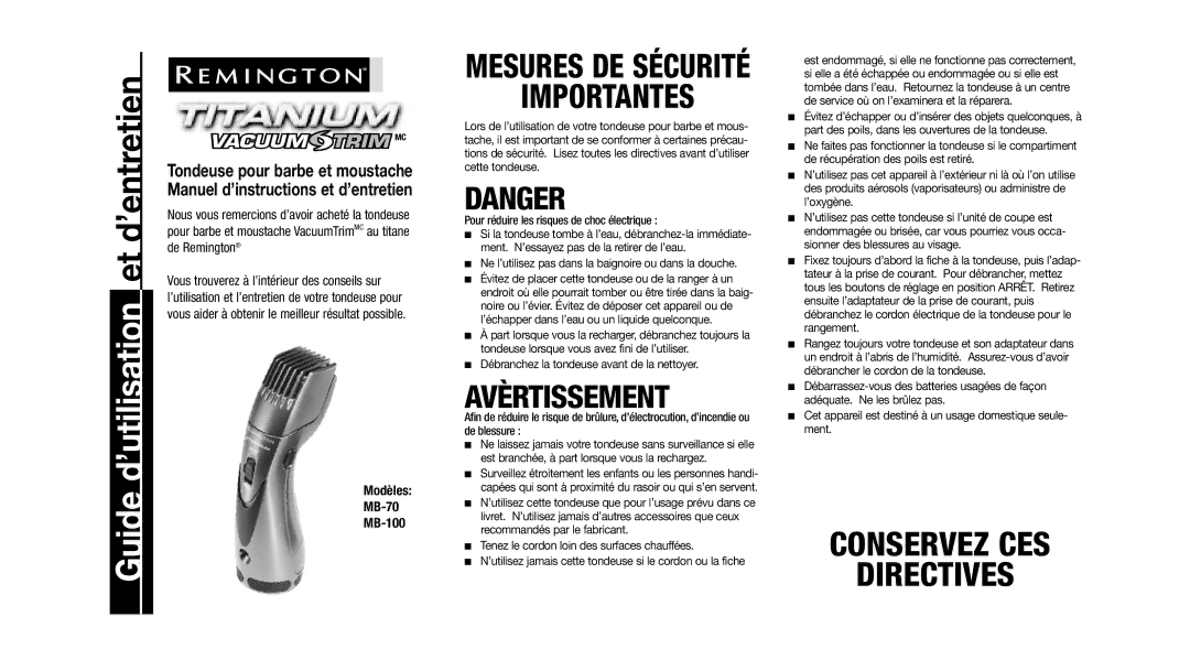 Remington important safety instructions Vacuum Trim MC, Modèles MB-70 MB-100 