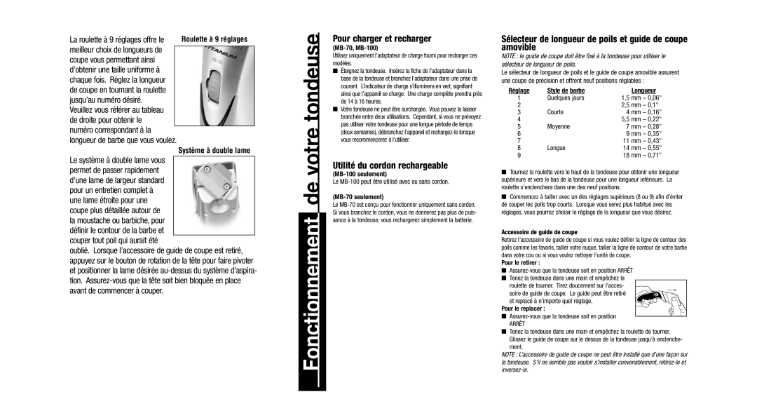 Remington MB-100, MB-70 important safety instructions Pour charger et recharger, Utilité du cordon rechargeable 