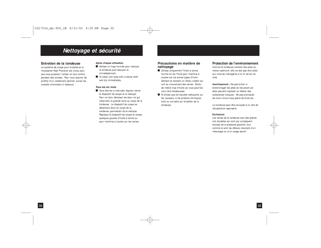 Remington MB-900 manual Nettoyage et sécurité, Entretien de la tondeuse, Précautions en matière de nettoyage 