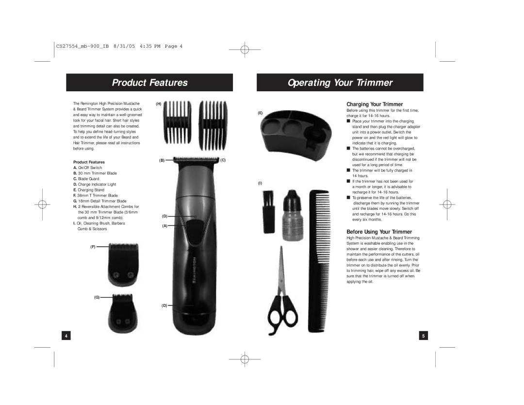 Remington MB-900 manual Product Features Operating Your Trimmer, Charging Your Trimmer, Before Using Your Trimmer 