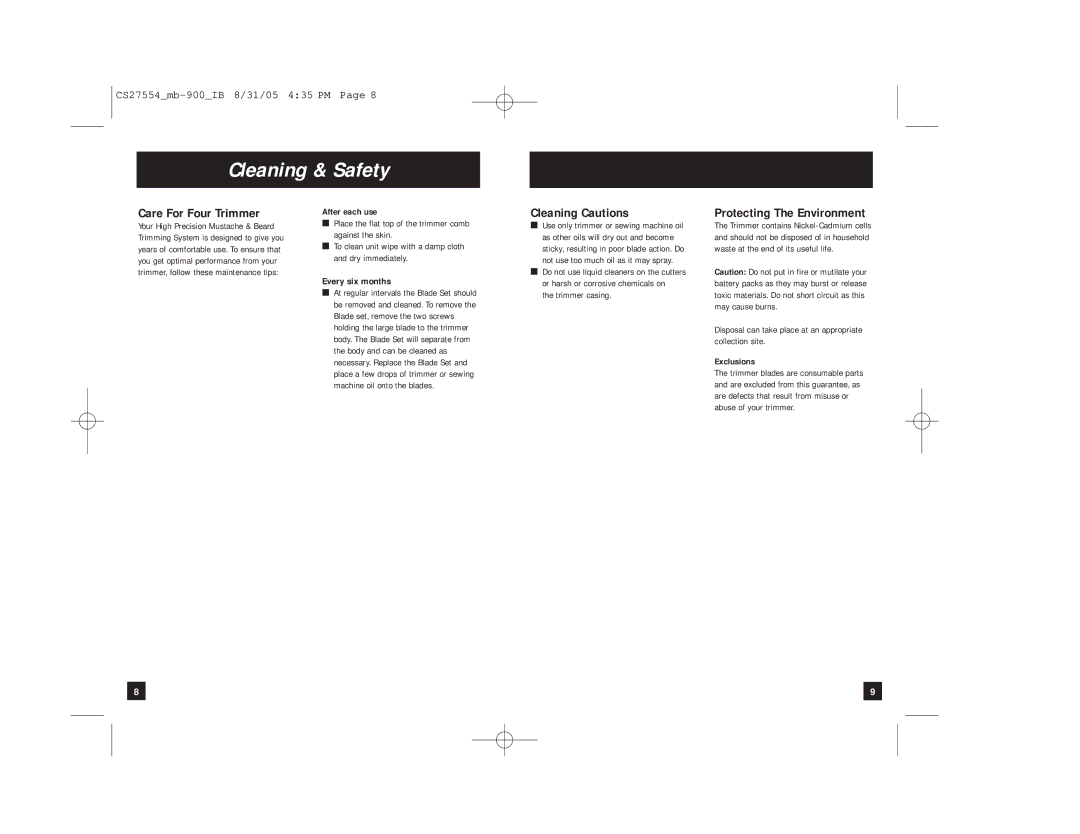 Remington MB-900 manual Cleaning & Safety, Care For Four Trimmer, Cleaning Cautions, Protecting The Environment 
