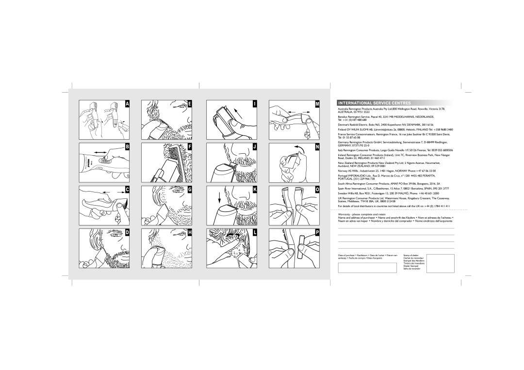 Remington MB30, MB40, MB10 manual International Service Centres, Warranty please complete and retain 
