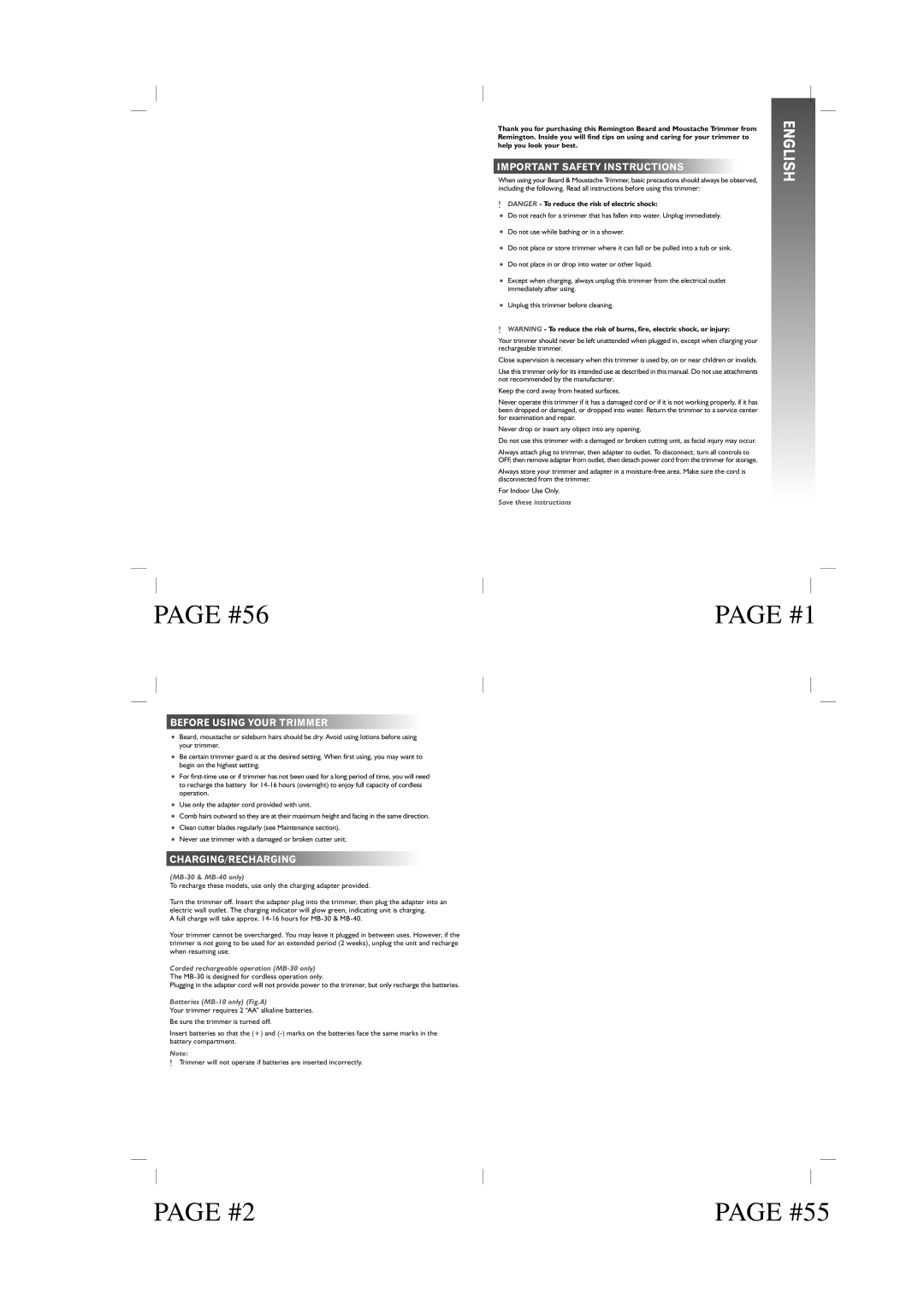 Remington MB10, MB40, MB30 manual #56, #55, Important Safety Instructions, Before Using Your Trimmer, Charging/Recharging 