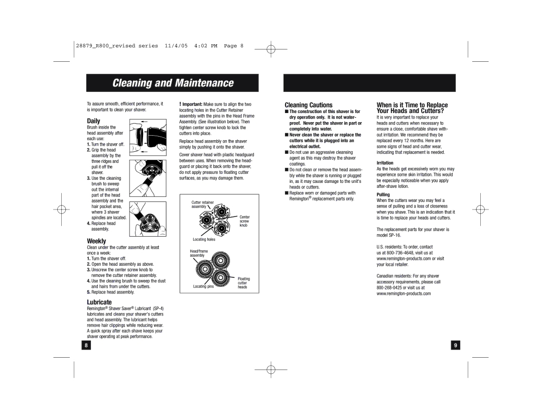 Remington MC R-830, MC R-835 manual Cleaning and Maintenance, Daily, Weekly, Lubricate, Cleaning Cautions 