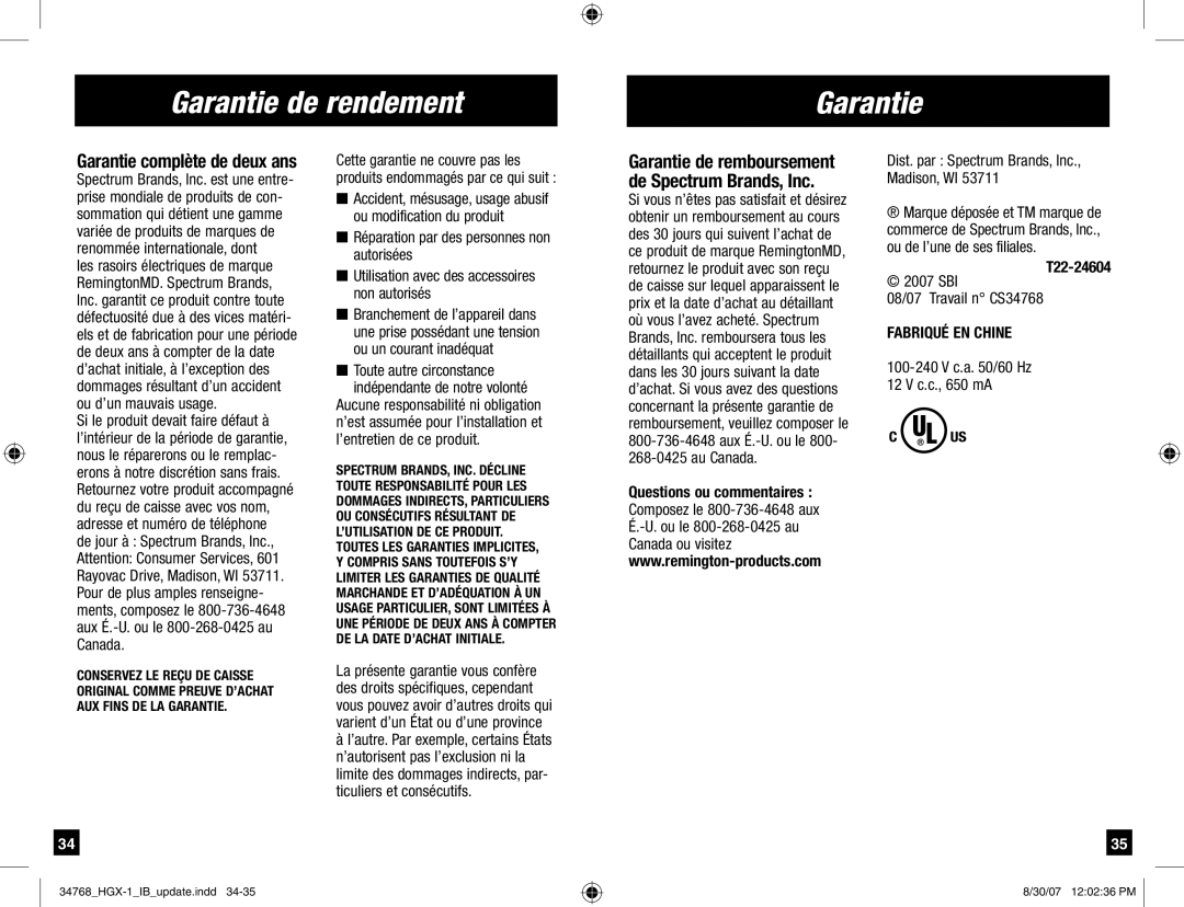 Remington Men's Shaver manual Garantie de rendement, Ou modification du produit, Autorisées 