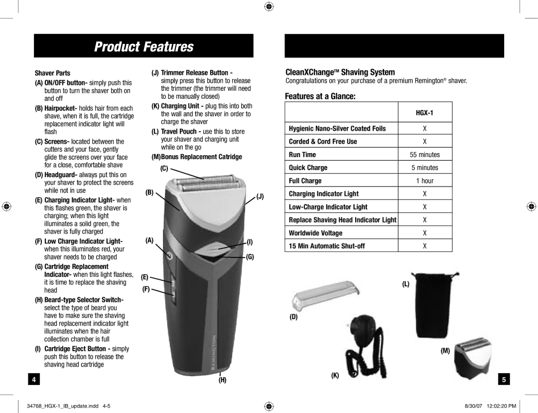 Remington Men's Shaver manual Product Features, Features at a Glance 