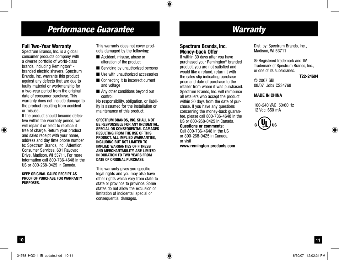 Remington Men's Shaver manual Performance Guarantee Warranty, Full Two-Year Warranty, T22-24604 