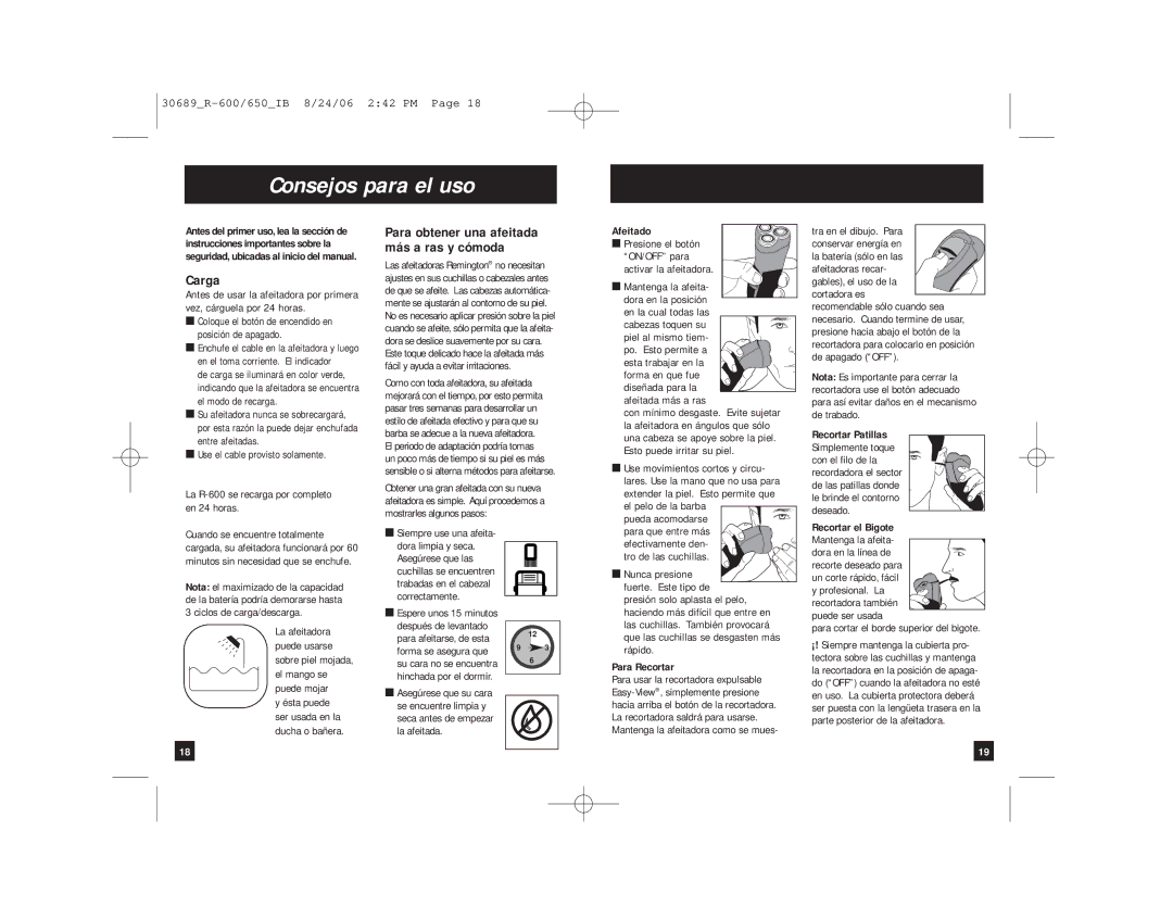 Remington MicroFlex 600 Consejos para el uso, Carga, Para obtener una afeitada más a ras y cómoda, Afeitado, Para Recortar 