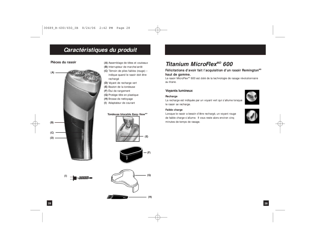 Remington MicroFlex 600 manual Caractéristiques du produit, Pièces du rasoir, Voyants lumineux 