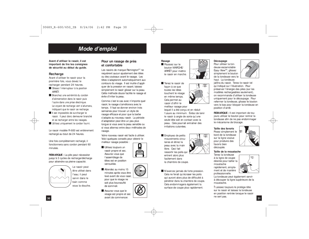 Remington MicroFlex 600 manual Mode d’emploi, Recharge, Pour un rasage de près et confortable 