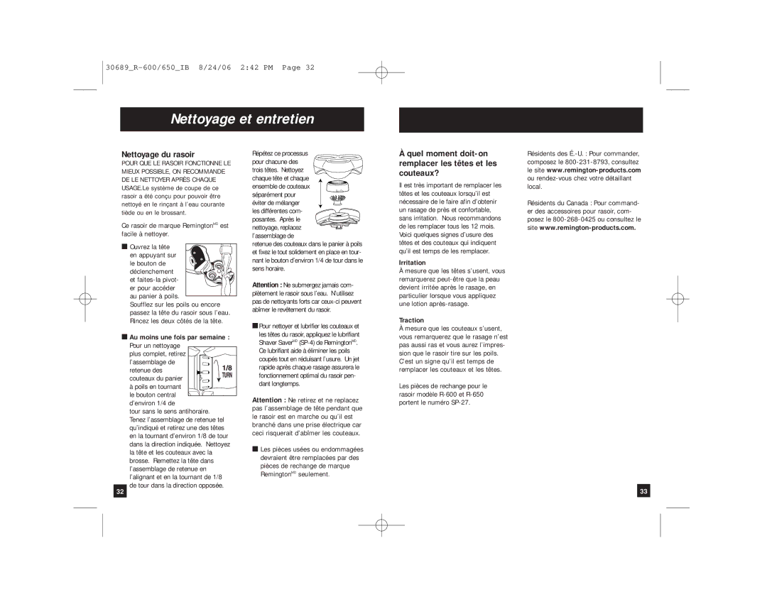 Remington MicroFlex 600 manual Nettoyage et entretien, Nettoyage du rasoir, Traction 