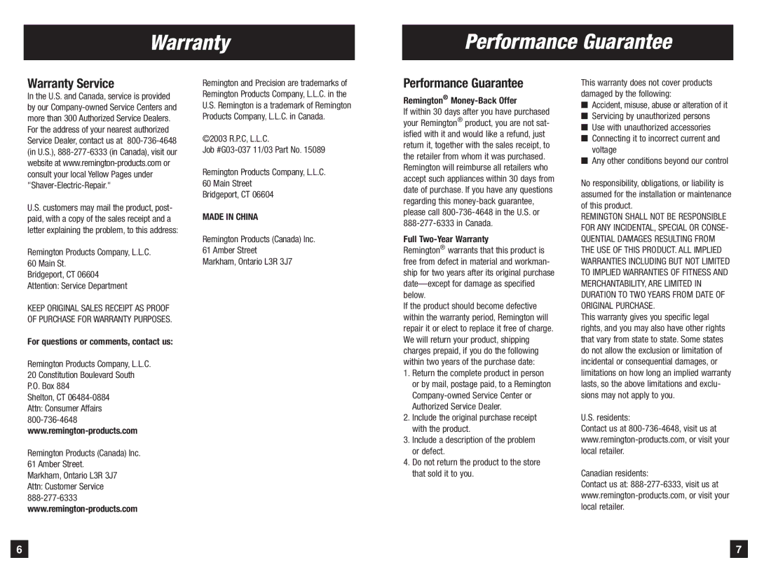 Remington MPT-2000 Warranty Performance Guarantee, Warranty Service, Remington Money-Back Offer, Full Two-Year Warranty 