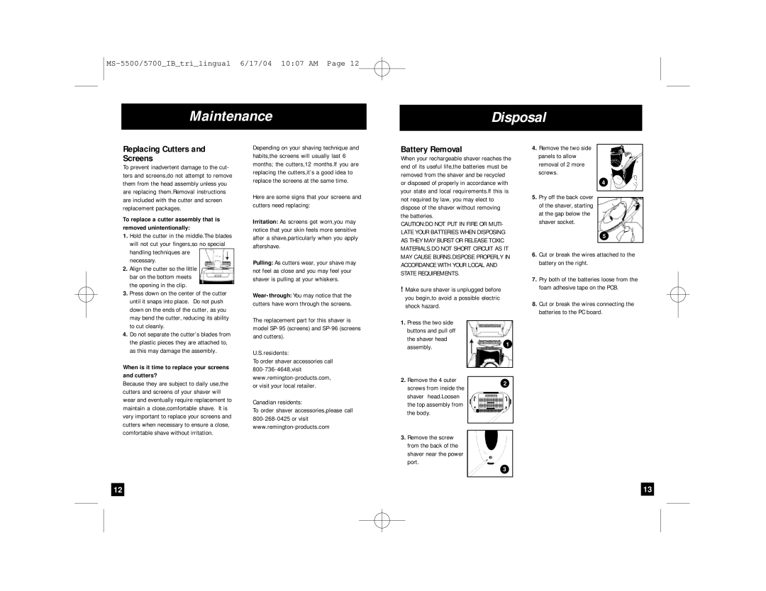 Remington MS-5700, MS-5500 manual Maintenance Disposal, Replacing Cutters Screens, Battery Removal 