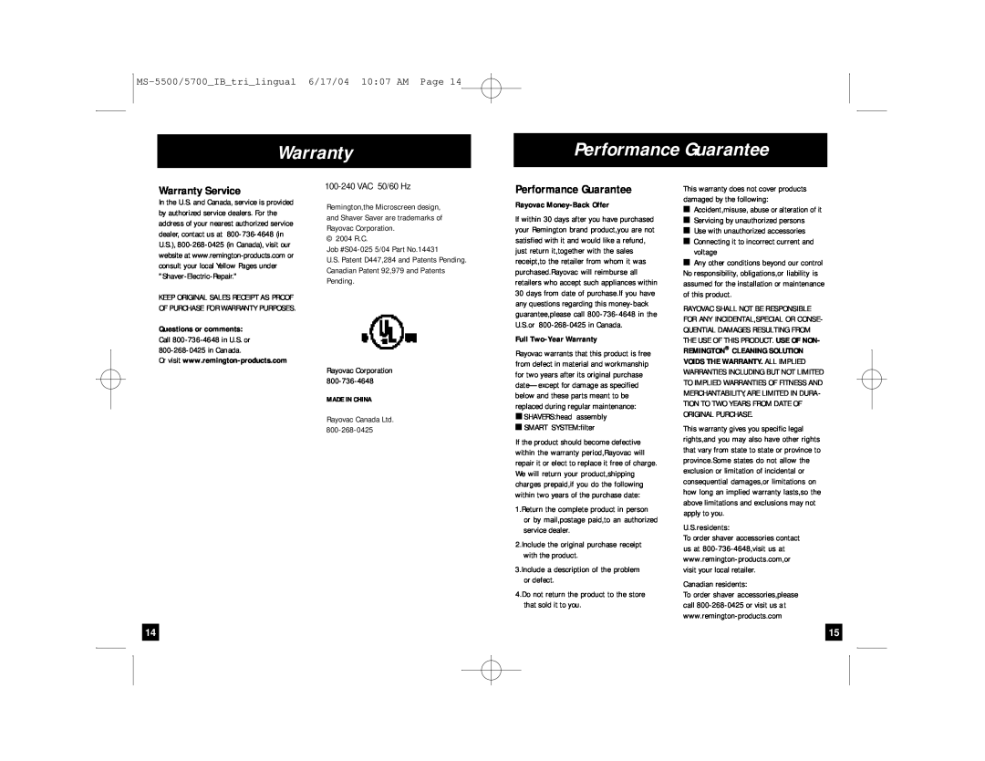 Remington MS-5700 manual Performance Guarantee, Warranty Service, MS-5500/5700IBtrilingual 6/17/04 1007 AM Page 