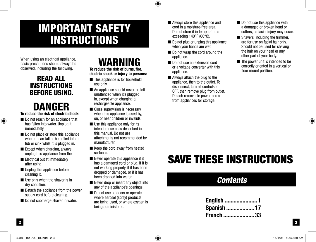 Remington MS-700 manual English, Spanish, French, Important Safety Instructions, Danger, Save These Instructions, Contents 