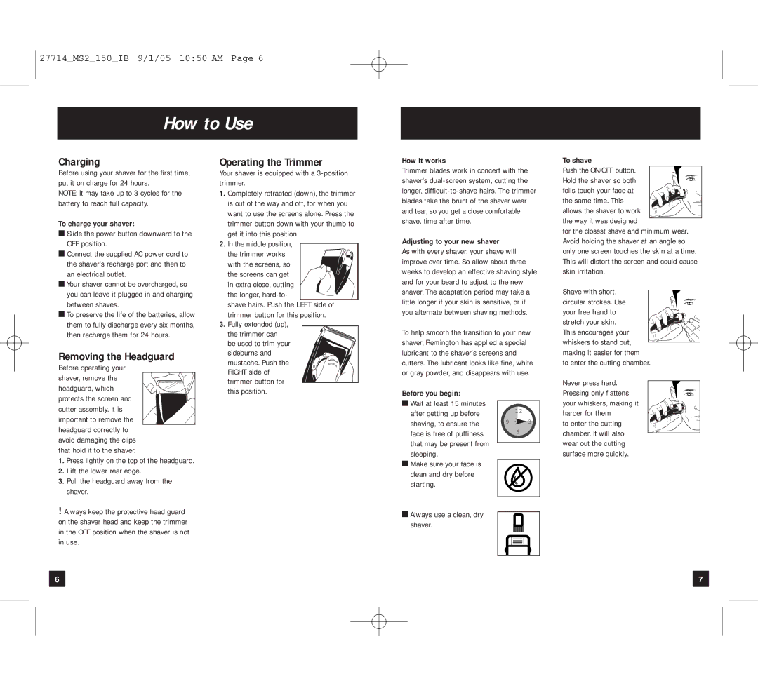 Remington MS2-150 manual How to Use, Charging, Removing the Headguard, Operating the Trimmer 