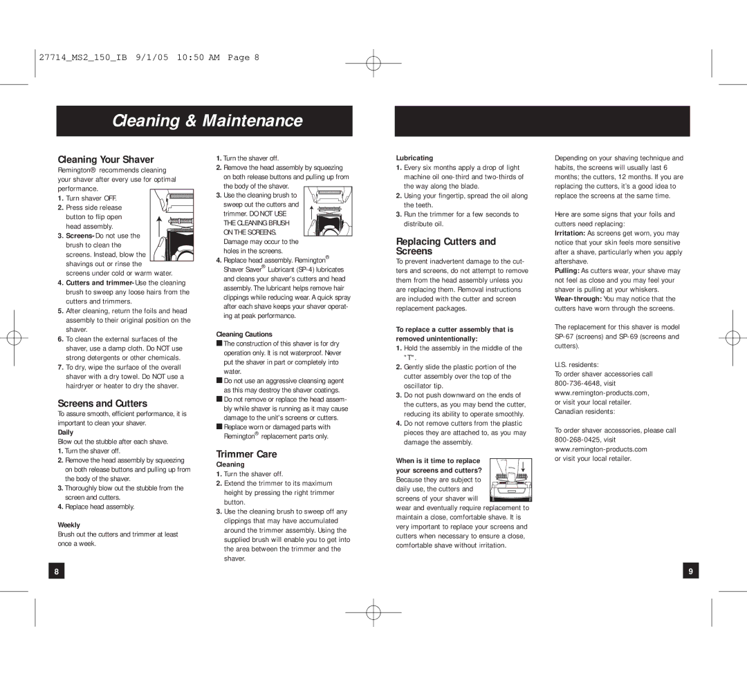 Remington MS2-150 manual Cleaning & Maintenance, Cleaning Your Shaver, Screens and Cutters, Trimmer Care 