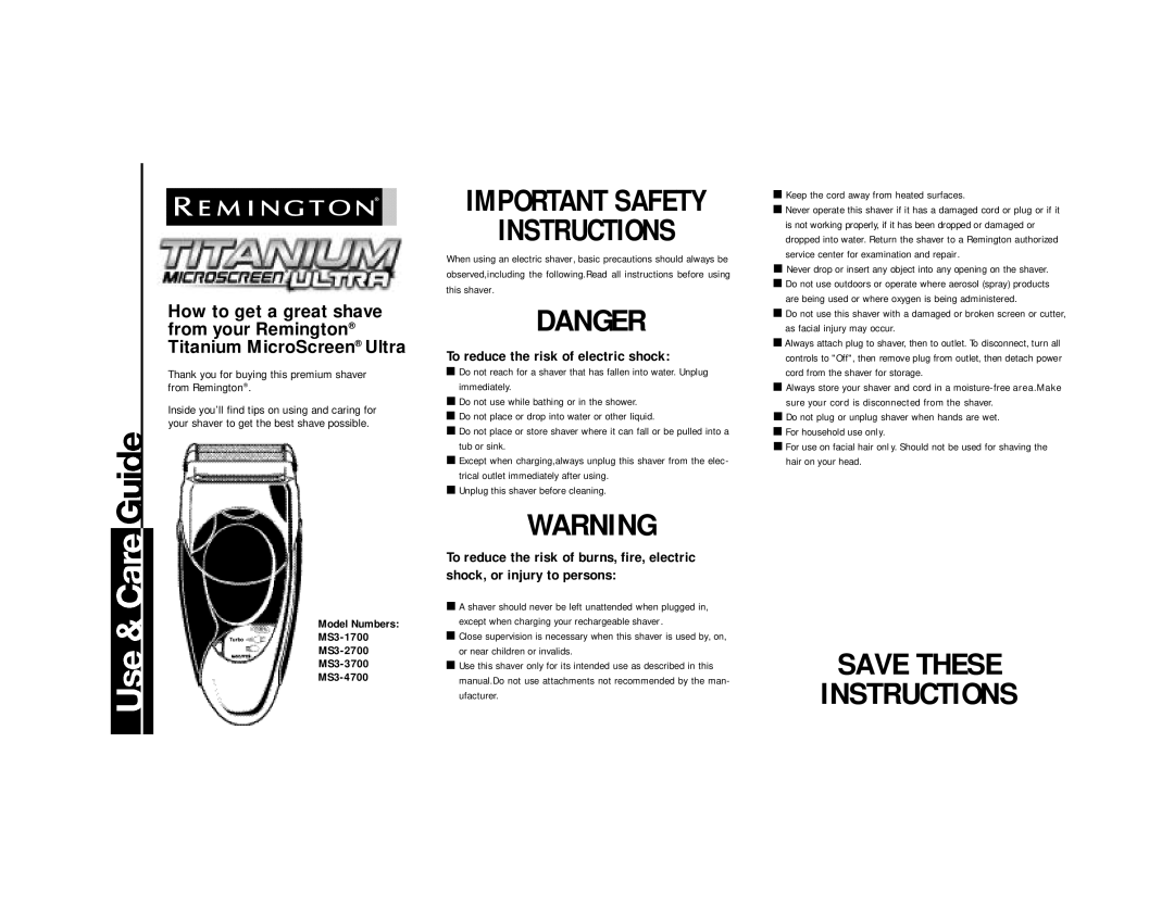 Remington MS3-2700, MS3-1700, MS3-3700 important safety instructions To reduce the risk of electric shock, This shaver 