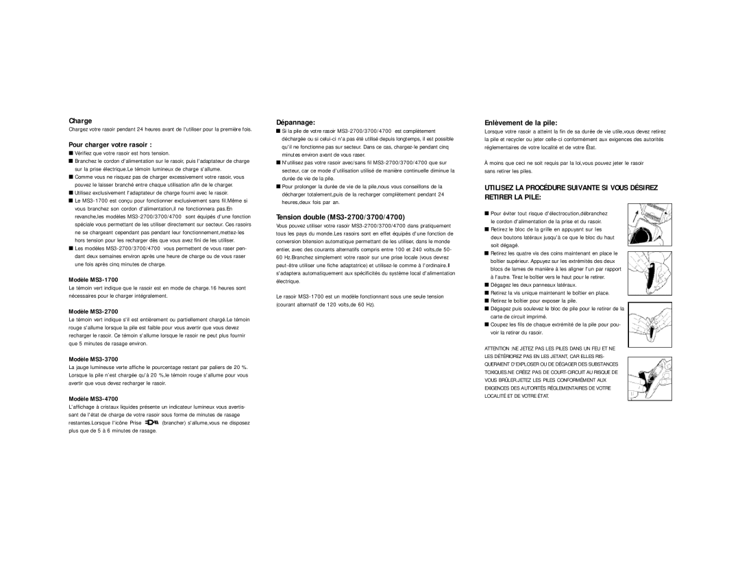 Remington MS3-3700 Charge, Pour charger votre rasoir, Dépannage, Tension double MS3-2700/3700/4700, Enlèvement de la pile 